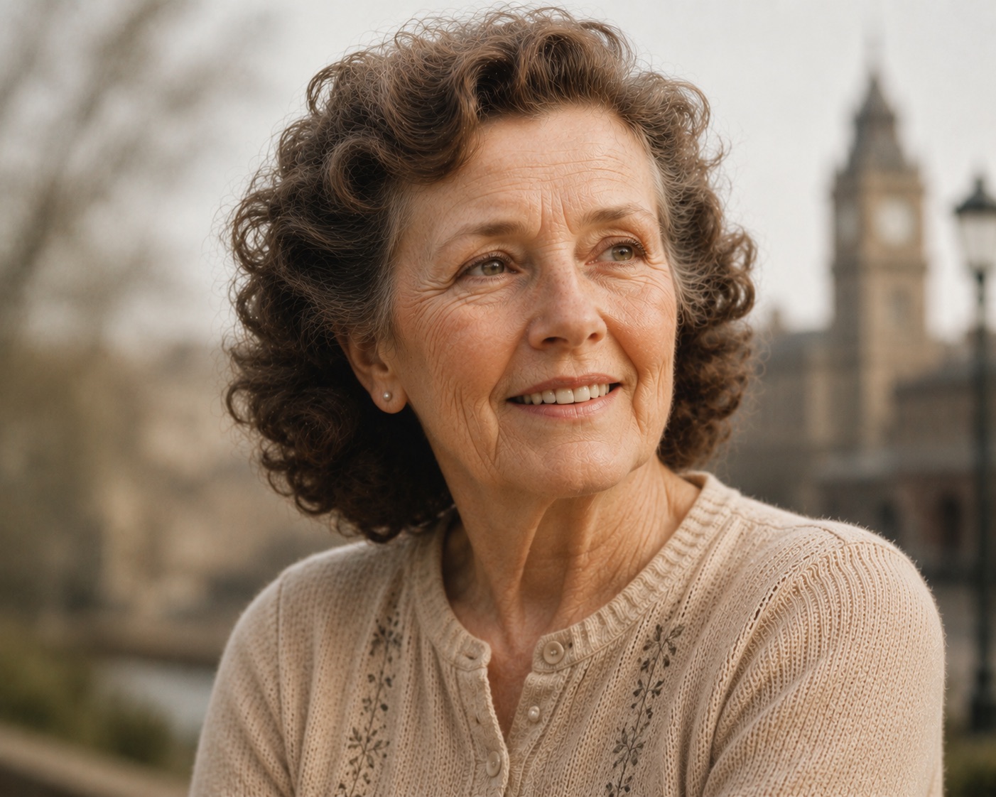 Margaret Whitfield, smiling, with a Ballarat clock tower behind her