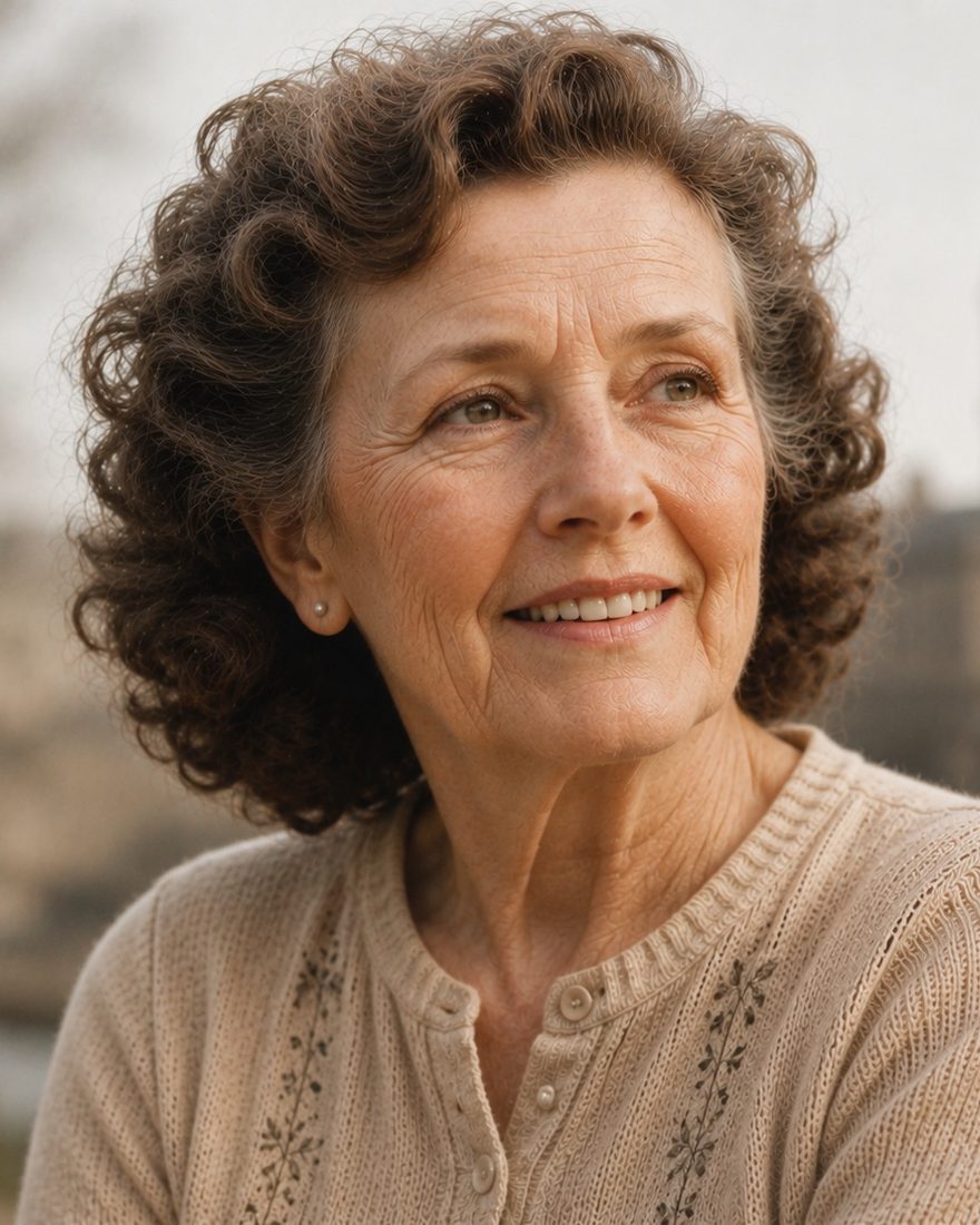 Margaret, smiling, in a cream cardigan: the storyteller in our sample heirloom